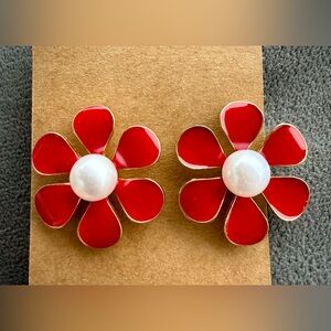 Elegant Red Floral Earrings with Pearl Center